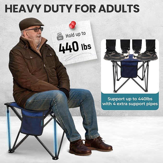 FUNDANGO Oversized Camping Stool for Adults,Thick Padded 18.1 Inch Folding Ottoman Foot Rest, 440 Lbs Heavy Duty Outdoor Camp Chairs with Anti-Slip Foots & Carry Bag for Fishing Travel (Blue)