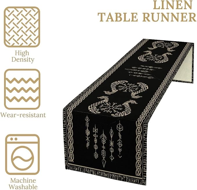 Viking Table Runner, Raven Ancient Rune Dragon Totem Norse Mystical Geometric Table Runner for Kitchen Dining Party Holiday Banquet 13x120in