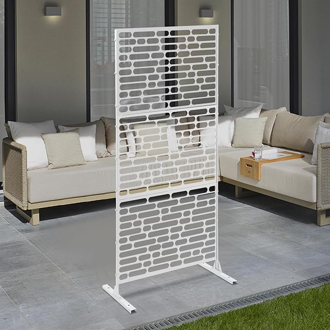 75" H×35" W Decorative Outdoor Privacy Screen with Stand, Outdoor Decor Privacy Fence Screen Metal Fence Panels, Free Standing Metal Divider for Patio Lawn Deck (White-Oval)