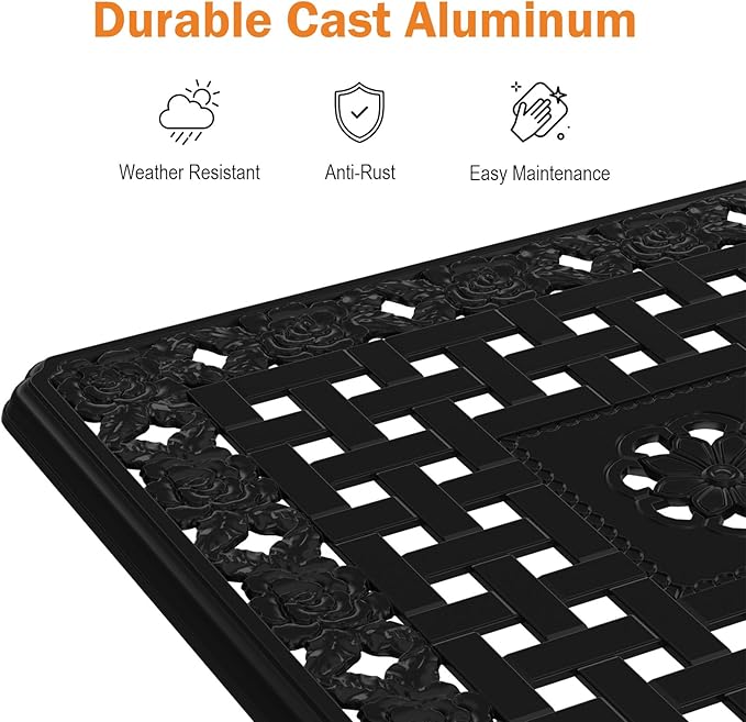 Cast Aluminum Outdoor Side Table, All Weather Square Bistro Table, Outdoor Coffee Table, Small End Table for Patio, Indoor, Lawn, Garden, Black