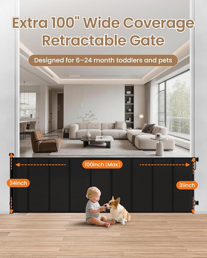 Reinforced Retractable Baby Gate, 100" Wide Child Safety Gate with 8 Support Rods, 34" Tall Scratch-Resistant Mesh Dog Gate for Staircase, Garage, Garden, Outdoor, Black