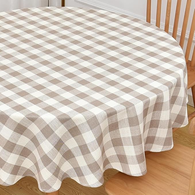 Gingham Table Cloth for Round Tables Beige Checkered Plaid Tablecloth Heavy Duty Cotton Blend Washable & Wrinkle Table Cover for Outdoor Kitchen Dining Picnic Camping (60 inch Diameter)