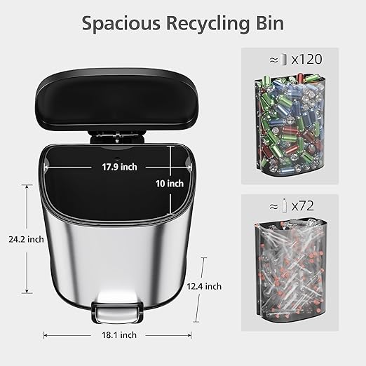 Garvee Stainless Steel Trash Can, 50 L/13 gal Hands Free Garbage Can with Soft Close Lid and Foot Pedal, Metal Kitchen Waste Bin with Inner Bucket for Living Room, Office, D Shape, Silver