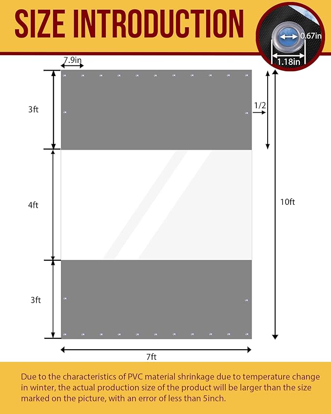 FoundGo 10'Hx07'W Vinyl Curtains for Patio 19oz, Outdoor Clear Vinyl Patio Enclosure,Heavy Duty Clear Tarp Waterproof Vinyl Tarps with Grommets for Pergola, Balcony,Porch,Gazebos，-4℉ Cold Resistant