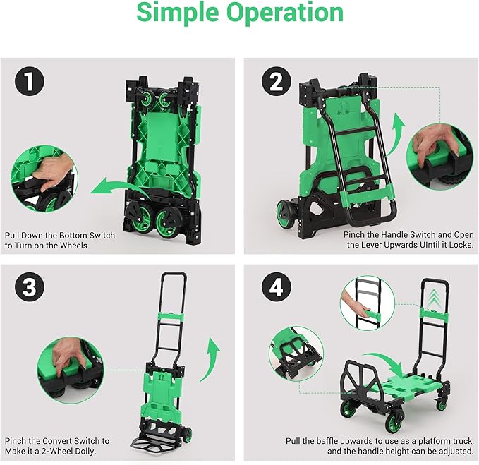 2-in-1 Folding Hand Truck with Basket, Heavy Duty 330LBS Collapsible Cart, Convertible Dolly & 4-Wheel Portable Shopping Cart for Groceries, Travel, Moving - Green