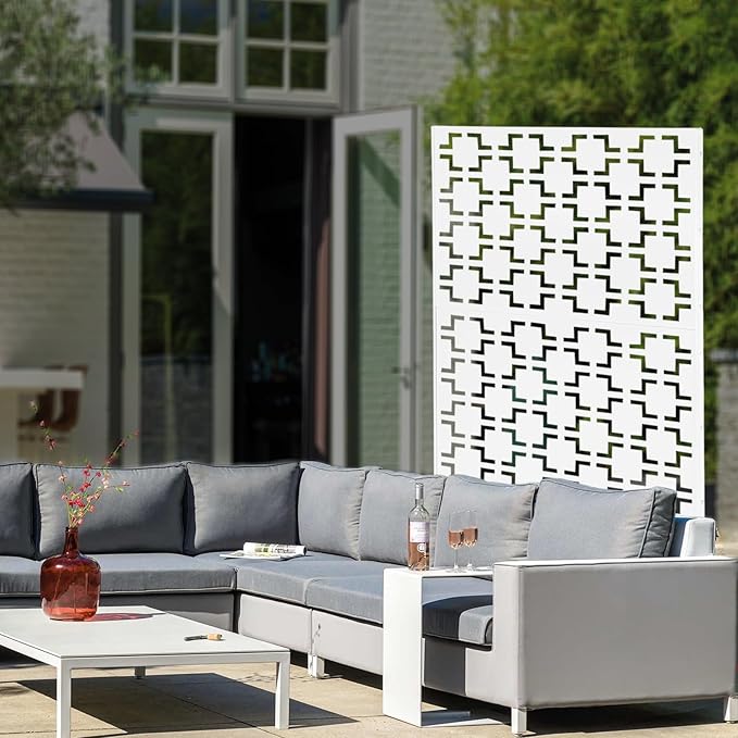 Outdoor Metal Privacy Screen with Stand, 35.4" W x 75" H Freestanding Metal Slatted Decorative Privacy Screen and Panels for Patio Garden Balcony Porch (White B)