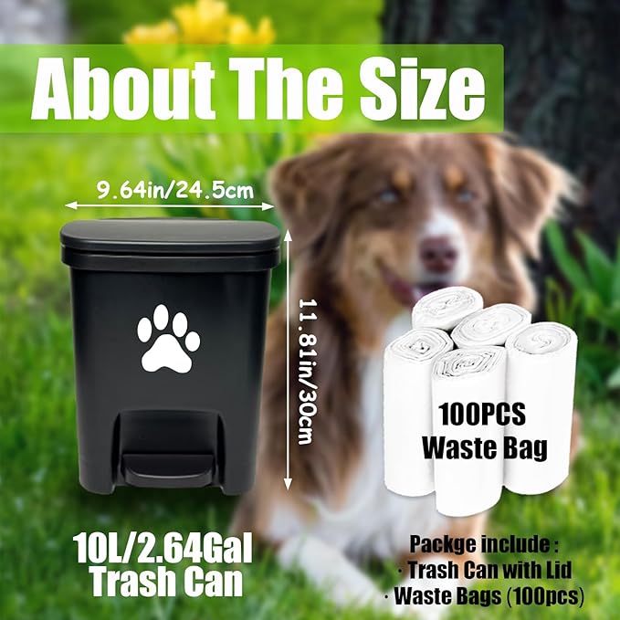 Tebiete Dog Poop Trash Can Outdoors Pet Waste Station with Lid Hands-Free Pedal Garden Yard Home with 100pc Waste Bags, Black