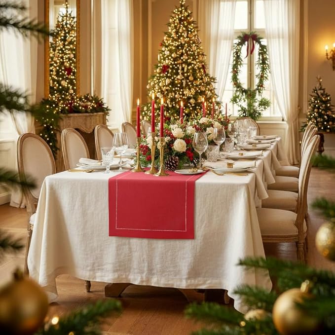 D'Moksha Homes Linen Bright Red Table Runner 48 Inches - Classic Hemstitch, 100% Pure Linen Coffee Table Runner 14 x 48 Inch Ideal for Dresser Tables, Valentines, Spring, Easter