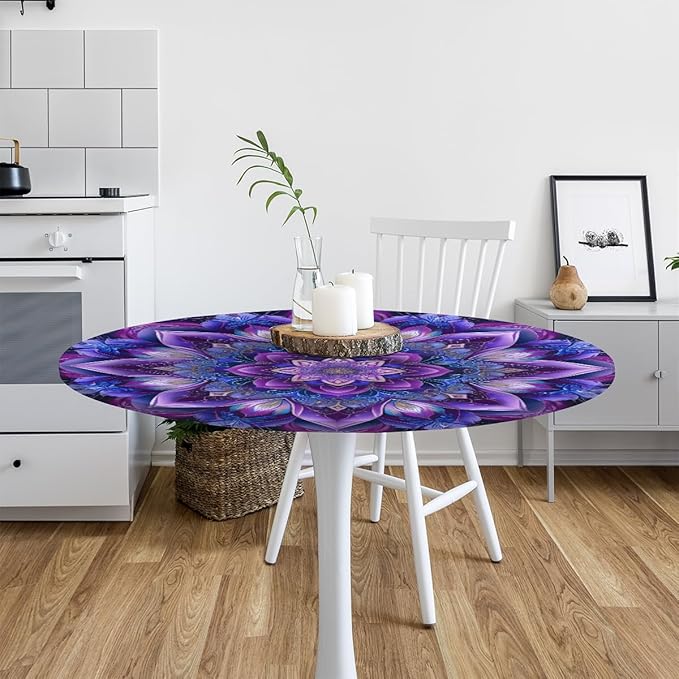 Mandrake Purple Blue Flower Round Table Cloth Cover, Elastic Edge Waterproof Wipeable Tablecloths 45"-56" Polyester Tablecloth for Party Restaurant Banquet Holiday Camping Outdoor Picnic