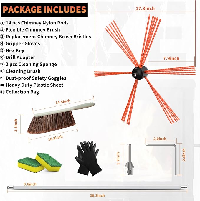 Sealegend 46 Feet Chimney Cleaning Kit Chimney Brush, Chimney Sweep Kit and Chimney Cleaning Logs Fireplace Tools Set with 14 Flexible Rods