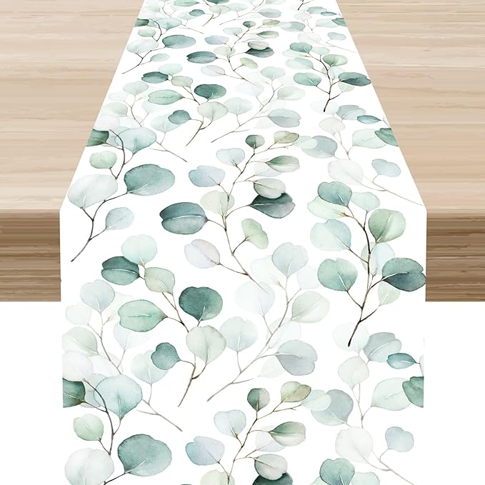 Green Eucalyptus Table Runner, Farmhouse Spring Summer Seasonal Plants Leaves Rustic Country Greenery Cafe Coffee Table Center Decor for Home Kitchen Dining Patio Indoor Outdoor, 13"x90" Inch