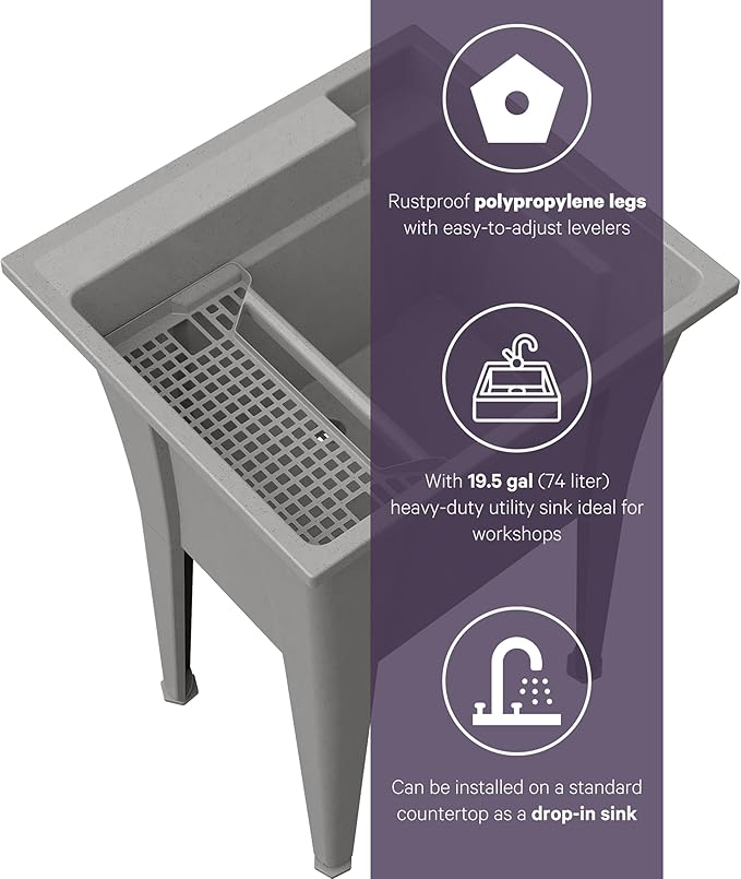 Freestanding Utility Sink with One Handle Black Faucet - 24" Plastic Utility Sink for Garage, Laundry, Indoor and Oudoor Use - Laundry Tub Kit by Noah William Home - Grey (19.5 gal)