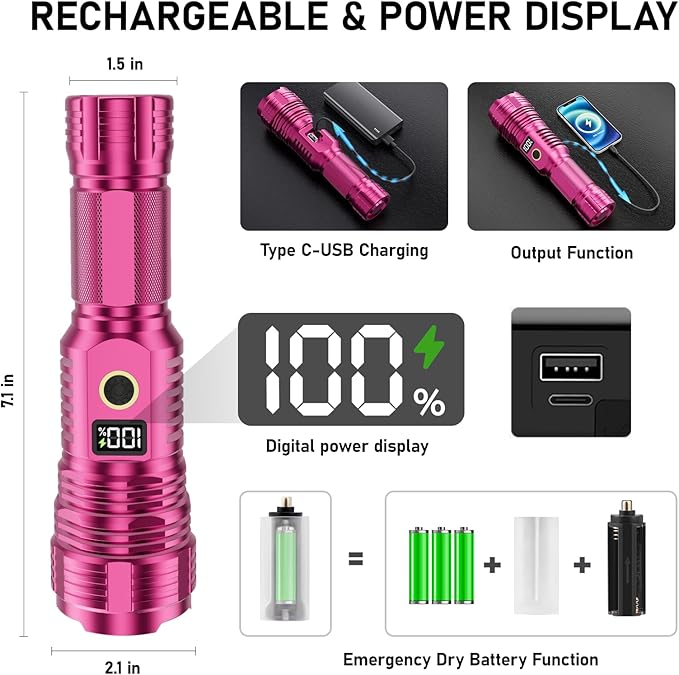 Flashlights High Lumens Rechargeable, LED Super Bright Flash Light Long Beam, Zoomable Linternas with LCD Digital Display, 5 Mode, Waterproof, Powerful Tactical Flashlight for Emergencies Camping Gift