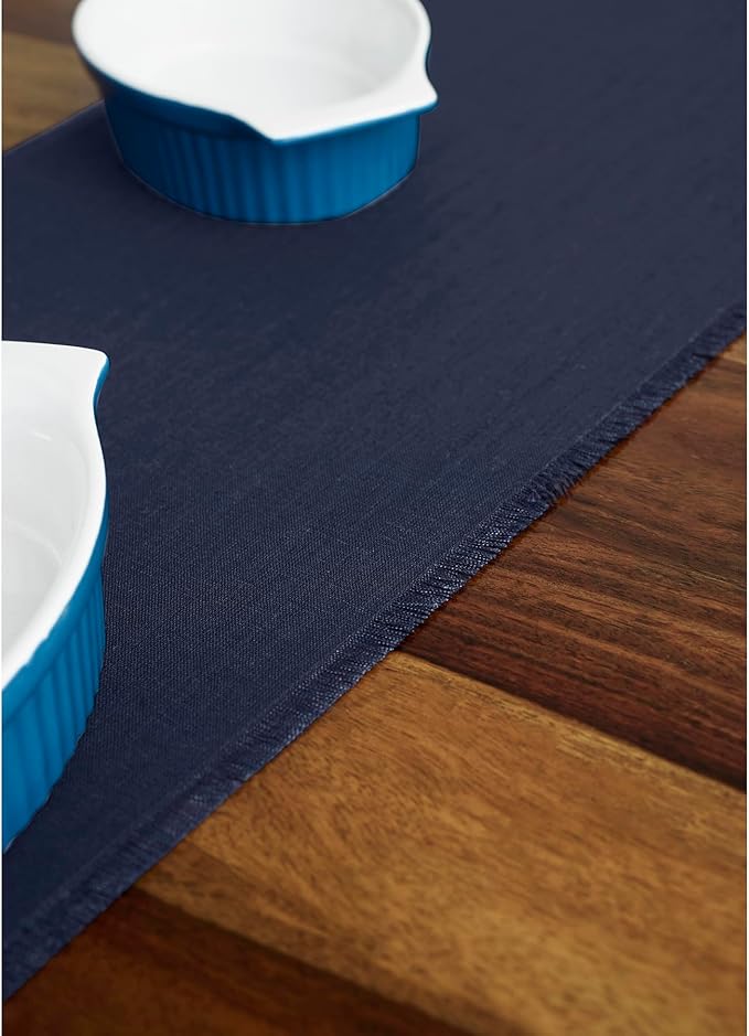 Solino Home Linen Navy Blue Table Runner 108 Inches Long - Fringe, 100% Pure Linen 14 x 108 Inch Table Runner for Winter