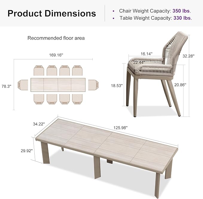 PURPLE LEAF 11 Pieces Patio Dining Set Aluminum Modern Rectangular Table and Wicker Chairs with Cushions for Kitchen Porch Garden Outdoor Furniture Sets, Champagne