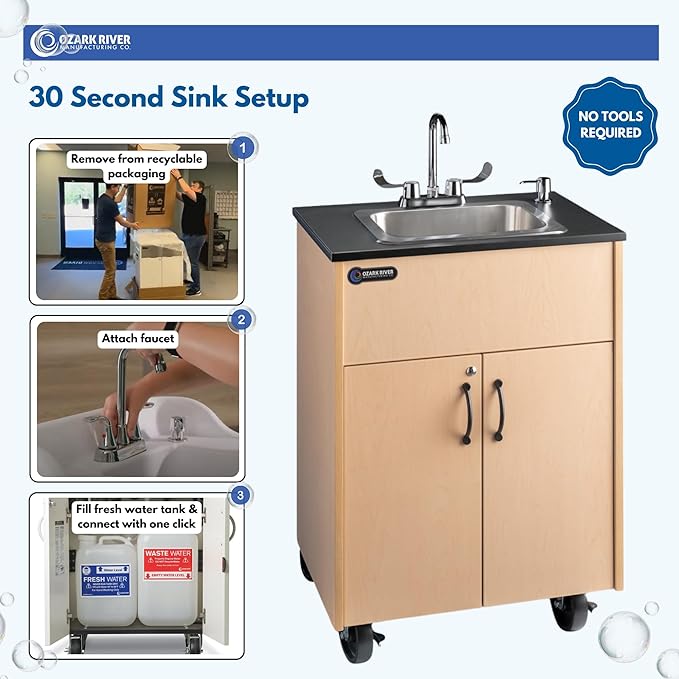 Ozark River Portable Sinks Premier 1D, Deep Stainless Sink Basin-Laminate Countertop-Maple Laminate, Self Contained Sink, Portable Sink with Hot Water, Portable Sink Hand Wash Station