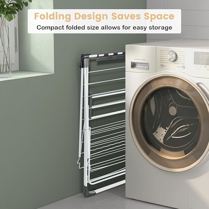 GOFLAME Clothes Drying Rack, 2-Tier Folding Laundry Drying Rack with Height-Adjustable Wings, 33 Drying Rails, Middle Sock Clips, Side Wave-shaped Bars, Freestanding Laundry Hanger, No Assembly Needed