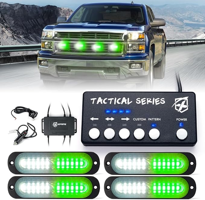 Xprite White Green LED Surface Mount Strobe Lights Kit, w/Control Panel Emergency Safety Warning Flashing Grille Cop Marker Light Assembly for Vehicles Trucks ATV UTV Motorcycle 4PCS