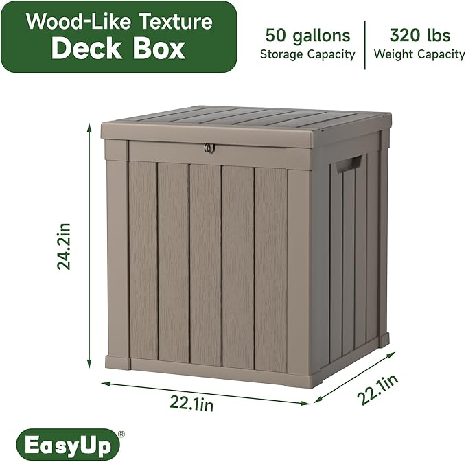 EasyUp 50 Gallon Outdoor Storage Box, Resin Waterproof UV-Resistant Deck Box, Reinforced Stability for Patio, Garden, and Poolside, Striped Gray