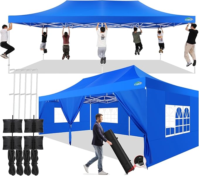 COBIZI 13x26 Pop up Canopy Tent 13x26 Canopy with 6 Sidewalls Waterproof Heavy Duty Commercial Canopy Tent for Parties Outdoor Garden Gazebo, Carry Bag with Wheel(13x26ft, Blue)