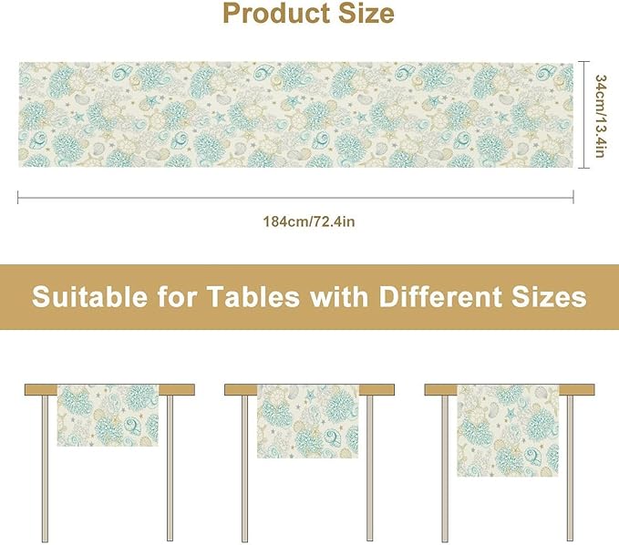 Ocean Coastal Table Runner, Nautical Summer Beach Coral Sea Turtle Table Runner for Kitchen Coffee Dining Bedroom Living Room Dinner 13x120in