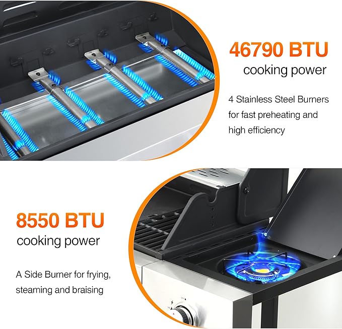 4-Burner Gas Grill, 46,790 BTU Outdoor BBQ Grill with Infrared Side Burner, Porcelain Cast Iron Grates & Stainless Steel Build for Fast Heating, Easy Clean (Backyard, Camping, Tailgating)