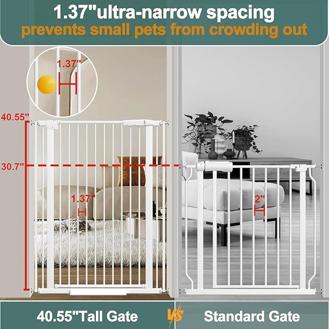 40.55" Tall 1.37" Ultra Narrow Spacing Dogs Pets Baby Gate for Doorway Hallway Safety Proof Indoor 61.61-69.48" Extra Wide Puppy Pressure Mounted No Drill Walk Through White Metal
