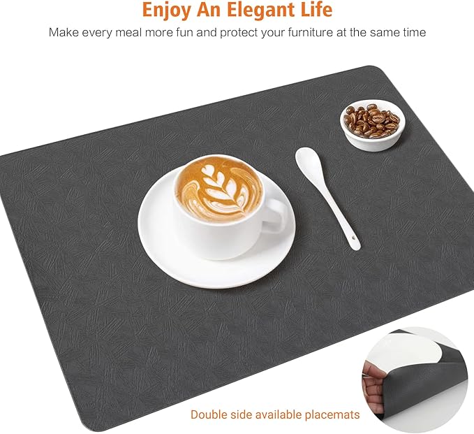 Vinyl Placemats Set of 4 Heat Resistant Easy Clean Non-Slip Place Mats for Dining Table. Faux Leather Waterproof Stain Resistant Wipeable Washable PU Table Mats(4, Gray)