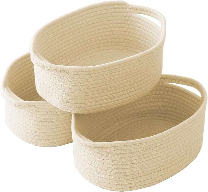 Woven Basket,Small Rope Storage Bin with Handles & Ribbon Bag, Organizer for Shelves Closets,Gift Basket Empty for Birthday,Books,Dog Toys,Beige/3 Pack