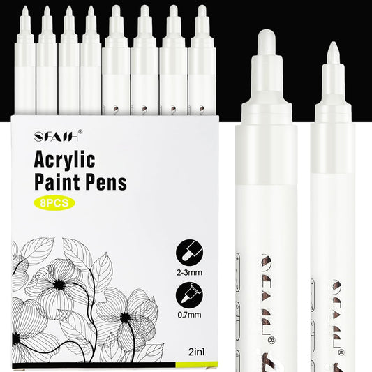 SFAIH Acrylic White Paint Pens - 8 Pack 2-3MM Medium Tip & 0.7MM Extra Fine Paint Marker for Rock Painting, Wood, Metal, Fabric, Plastic, Canvas, Glass, Ceramic, Diy Crafts, White Out Pen