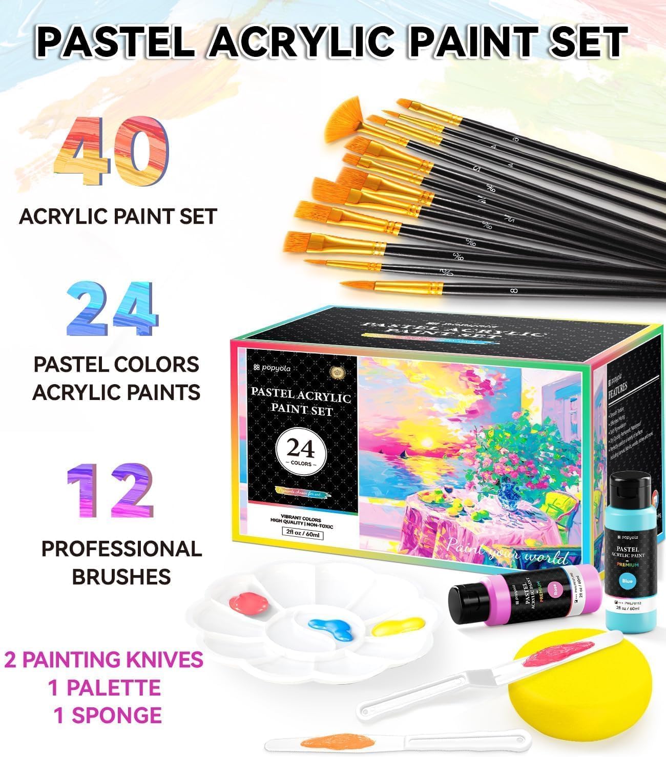 40 PCS Pastel Acrylic Paint Set with 12 Brushes, 2 Knives & Palette, 24 Colors (2oz/60ml) Art Craft Paint for Adults Kids Artists Beginners, Halloween Pumpkin Canvas Ceramic Rock Painting Kit