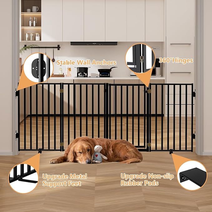 Full Metal Freestanding Dog Gates with Door, 32" Height Dog Fences for Indoor & Outdoor, Extra Wide Foldable Pet Gates for Stairs, Hallways, Doorways, Yard (4 Panels, 80" W × 36" H)