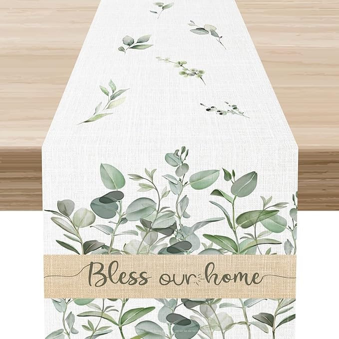 Farmhouse Table Runner, Green Eucalyptus Spring Summer Seasonal Plants Rustic Country Cafe Coffee Table Center Decor for Home Kitchen Dining Patio Indoor Outdoor Table Decorations, 13"x72" Inch