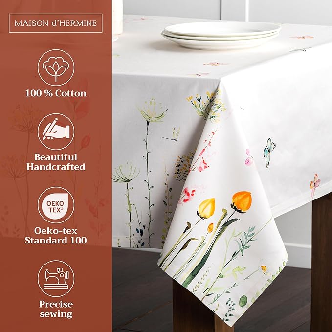 Maison d' Hermine Table Cloth Square Table 100% Cotton 54 x 54 Inches Tablecloth Reusable Decorative for Dining Room, Farmhouse, Home, Party, Festive & Wedding Spring Summer - Botanical Fresh