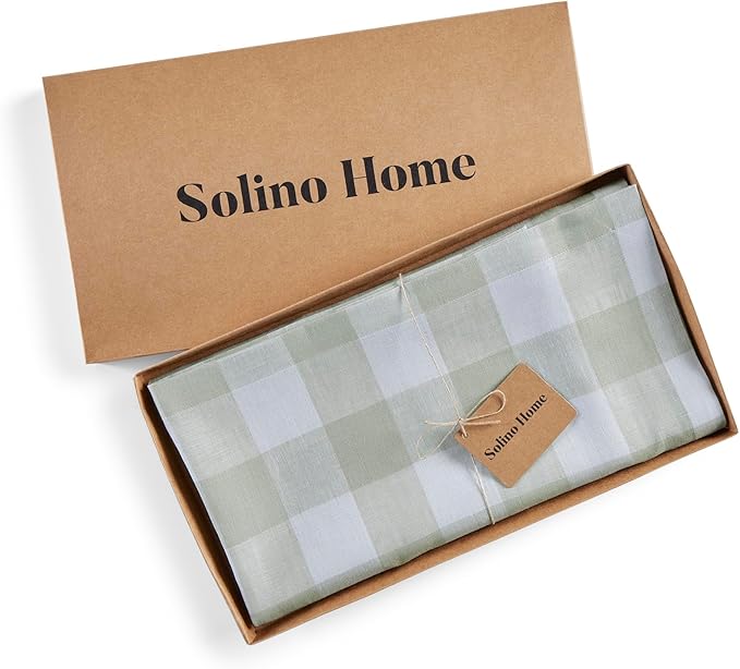 Solino Home Linen Checkered Table Runner 144 Inches Long - 100% Pure Linen Buffalo Check Sage and White Table Runner 14 x 144 Inch Ideal for Dining, Spring, St Patricks Day, Easter
