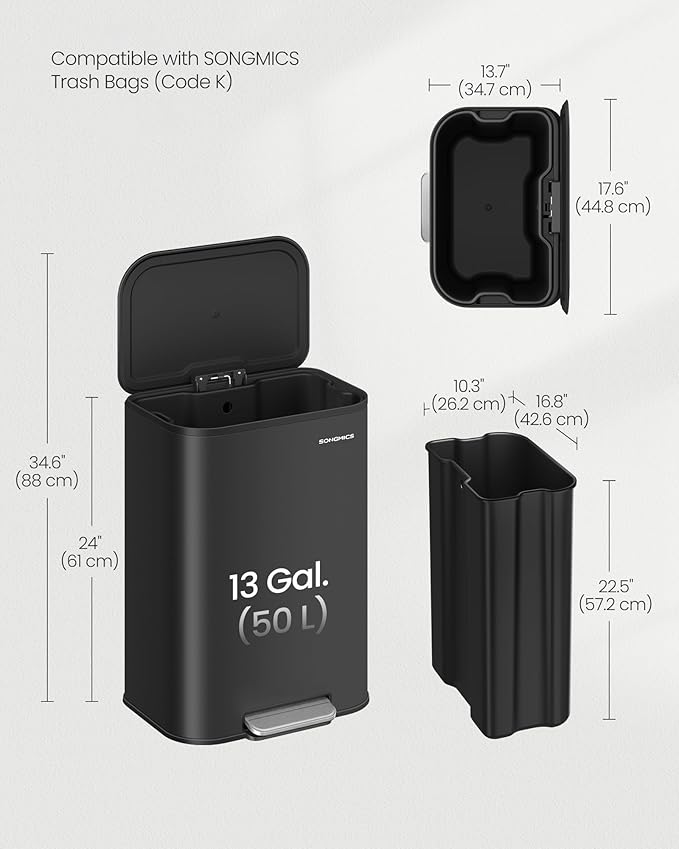 SONGMICS Kitchen Trash Can, 13-Gallon (50 L) Garbage Can with Lid, Stainless Steel, Soft Close and Stays Open, Inner Bucket, Wide Non-Slip Pedal, Ink Black ULTB547B01