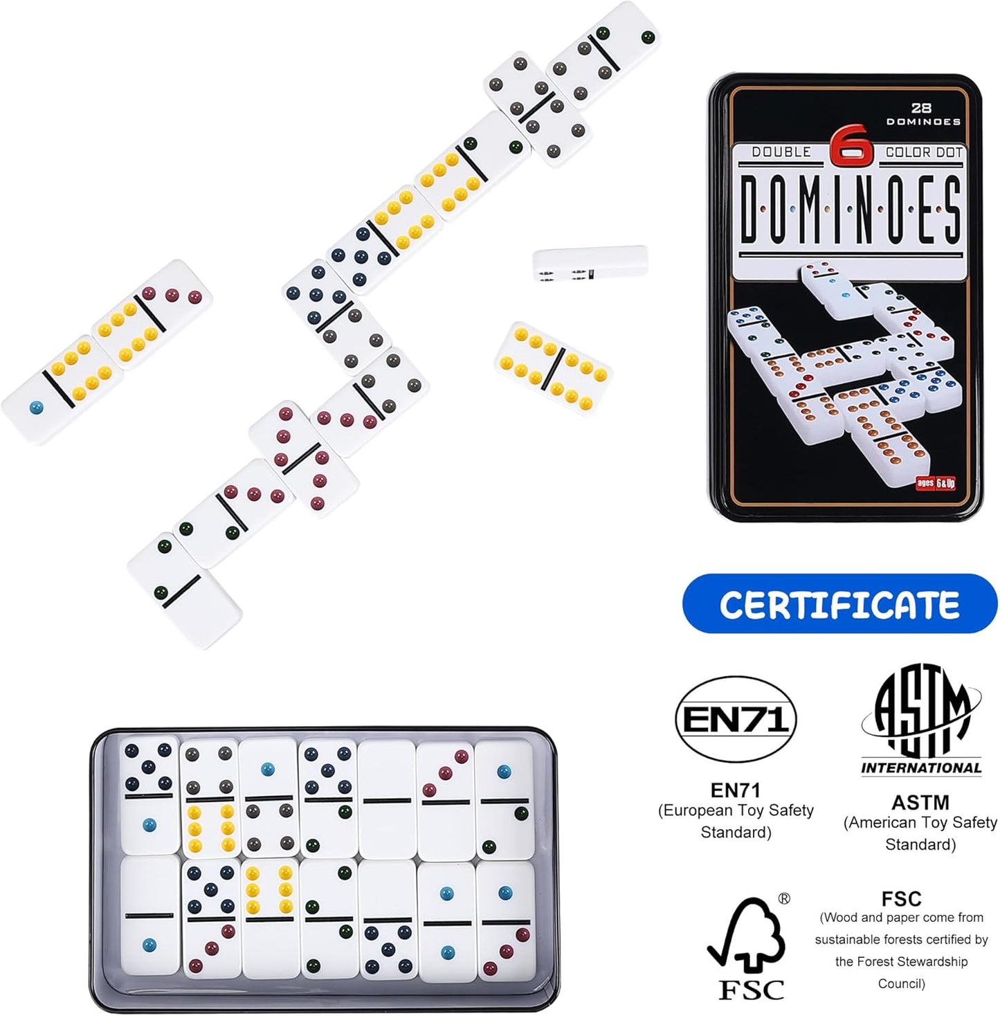 Double Six Dominoes Set with Tin Box - 28 Color Double 6 Domino Tiles for Kids & Adults, Classic Family Board Games for 2-4 Players, Travel, Party