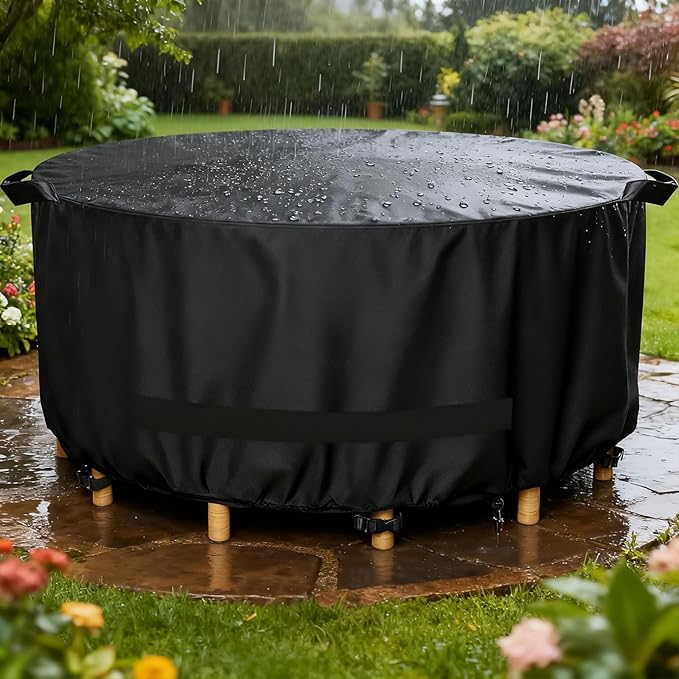 LBTING Round Patio Furniture Cover, Outdoor Table Chair Set Covers 48Dia x 28H Inches, 420D Waterproof Windproof Dust-proof UV-Resistant Furniture Cover - Black