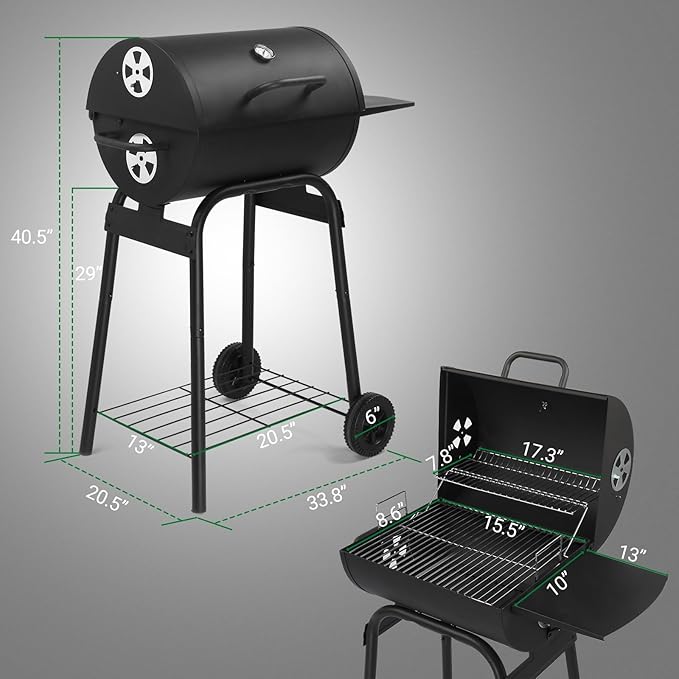Outvita Barrel Charcoal Grill with Warming Rack, Outdoor BBQ Grill with Side Table with Nearly 268 Sq.In. Cooking Grid Area for Backyard Patio Picnic Parties Camping, Black