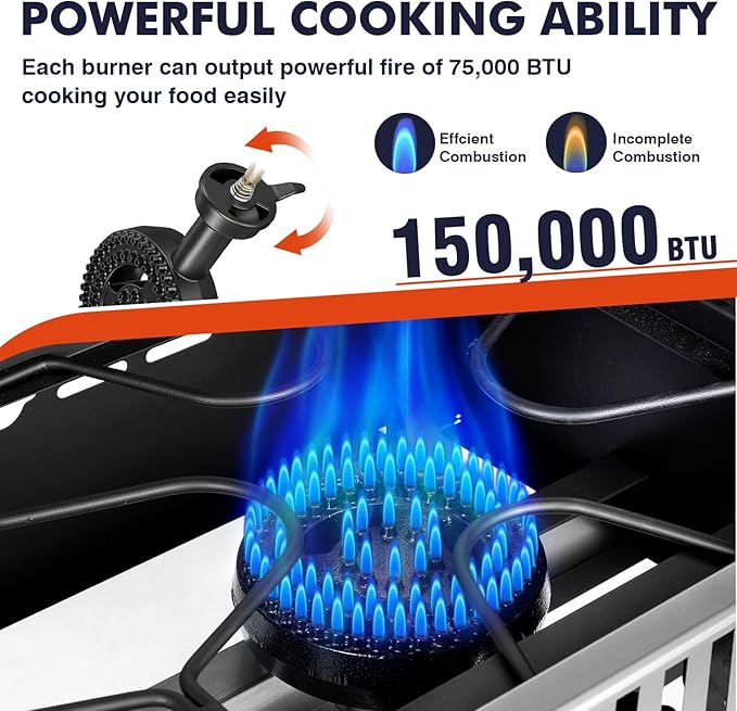 Llamaviva 2 Burner Outdoor Gas Stove with Side Shelves, Auto-ignition & Regulator, 150,000 BTU Propane Outdoor Stoves for Cooking, Camping&BBQ Cookouts