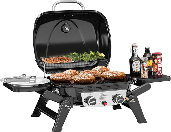 Royal Gourmet GT2005 2 Burner Portable Propane Gas Grill with Foldable Side Tables & Foldable Support Legs, Tabletop Gas Grill with Warming Rack for Outdoor Cooking & Grilling, Black
