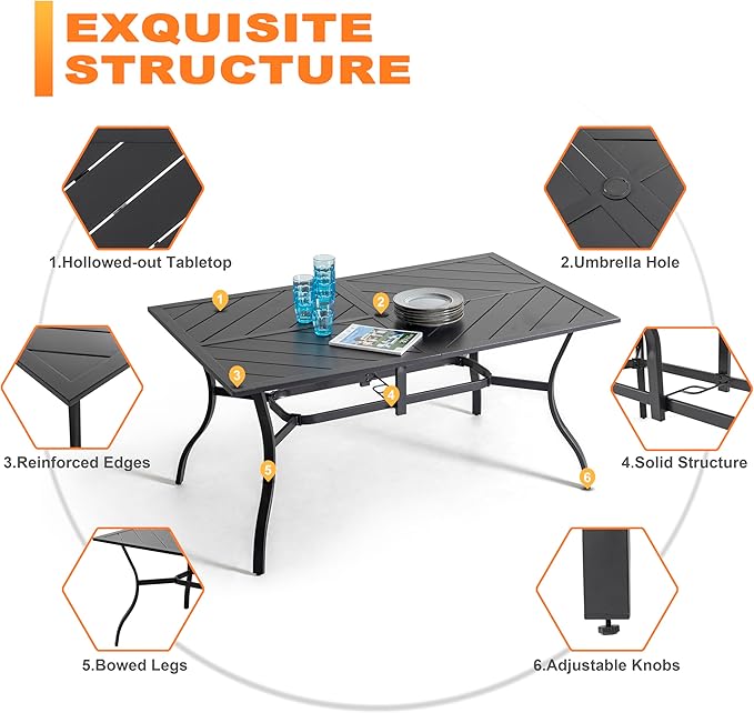 NUU GARDEN 6-Person Outdoor Dining Table, All Weather Patio Table with Umbrella Hole, Backyard Bistro Table, Black, 61x37x29 inches, 150 LBS Load Capacity