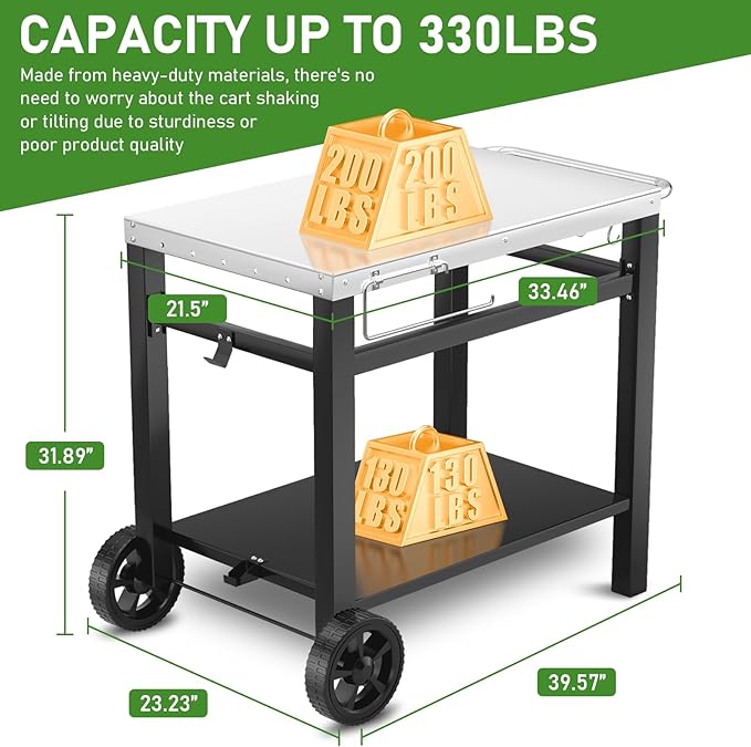 34x21IN Outdoor Grill Table, Grill Stand Cart for Ninja Woodfire & Blackstone Griddle, Pizza Oven Table for Outside, Extra-Wide Stainless Steel Cart with Wheels for Kitchen Table Barbecue Tool Set