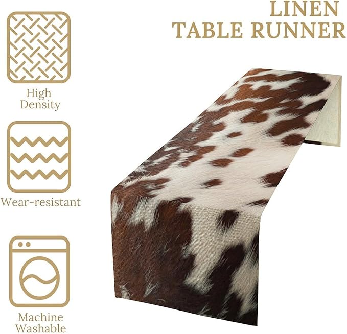 Cow Print Table Runner, Western White Brown Cowhide Rustic Coffee Table Runner for Home Kitchen Dining Room Farmhouse 13x60in