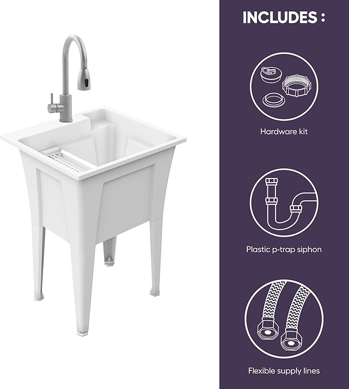 Freestanding Utility Sink with Stainless Steel Gooseneck Faucet - 24" Plastic Utility Sink for Garage, Laundry, Indoor and Oudoor Use - Laundry Tub Kit by Noah William Home - White (19.5 gal)