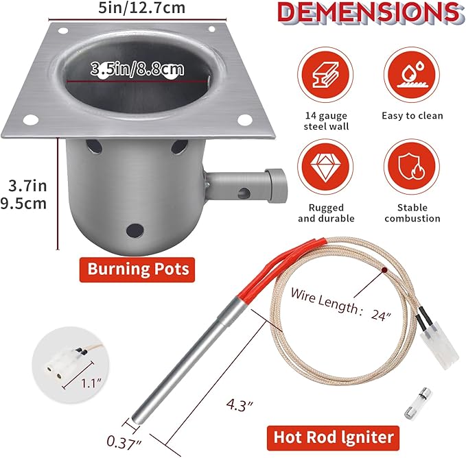 Replacement 7 Holes Firepot and AC Hot Rod Combo kit for Traeger Pellet Grill & Smoker, Burn Pot Assembly Parts for Pit Boss, Camp Chef, Z-Grills (KIT0396, 74254)