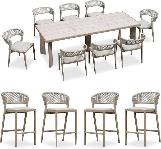 PURPLE LEAF 9 Pieces Outdoor Dining Set Patio Table and Chairs Set Aluminum Rattan Wicker Patio Dining Set for Lawn Backyard Deck Champagne with Counter Stools