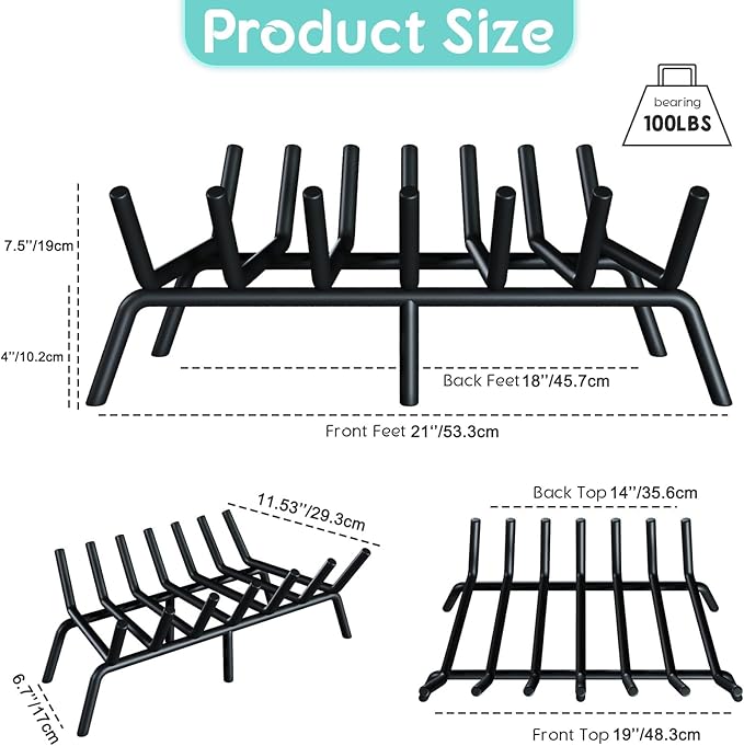 21-Inch Fireplace Grate, Heavy Duty 7-Bar Log Rack Holder Made of Solid Round Steel for Indoor/Outdoor Fire Pits, Wood Stoves & Kindling Tools