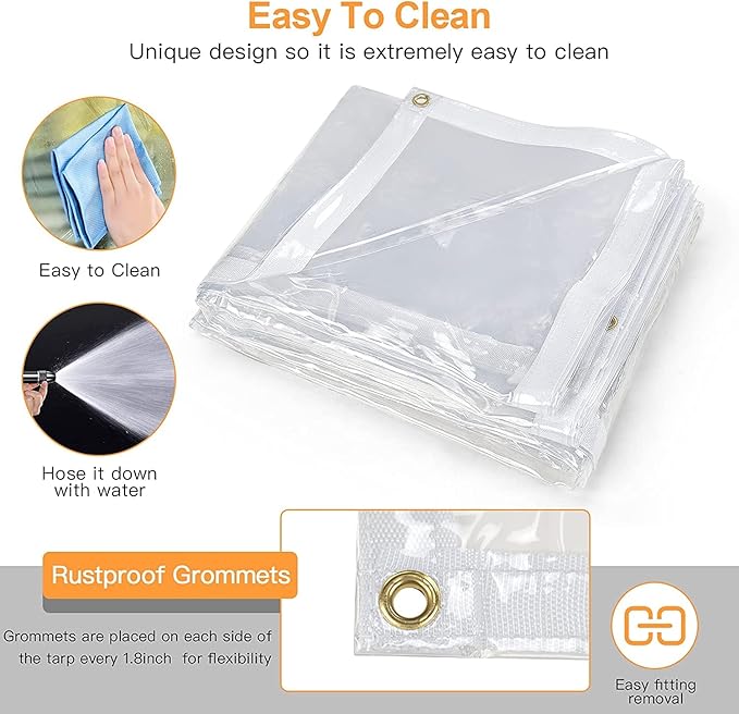 8 x 12FT Outdoor Clear Tarp Curtain Waterproof Wind-Proof 24 Mil Transparent Vinyl Tarp for Patio Pergola Garden Canopy Rainproof Anti-Tear PVC Thick Cover with Grommets