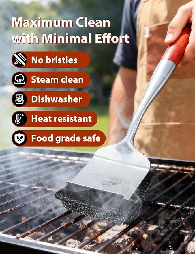 Grill Brush Bristle Free for Outdoor Grill, Grill Brush Bristle Free with 1 Replaceable Brush Heads, Steel Fibers Pad for Cast Iron/Stainless-Steel Grates, Grill Brush for Outdoor Gril